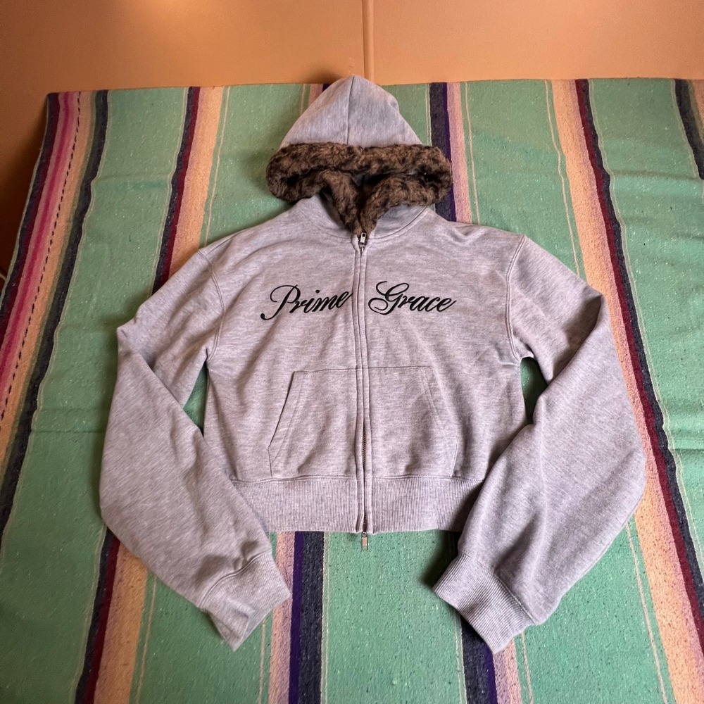 INGNI Hoodie Women M Gray Prime Grace Faux Fur Trim Zip Up Y2K Streetwear